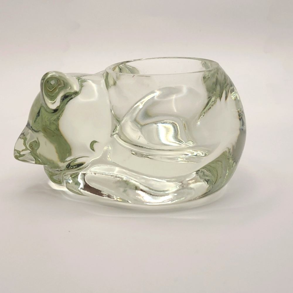 Avon heavy clear glass sleeping cat candle holder/paperweight